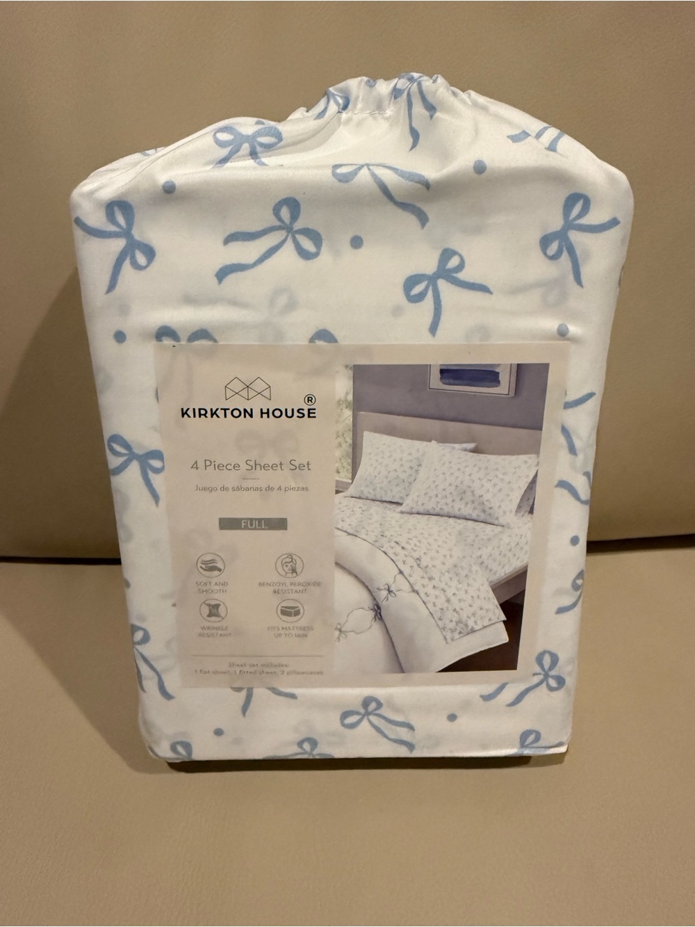 Kirkton House Blue Bow Print 4-Piece Full Sheet Set